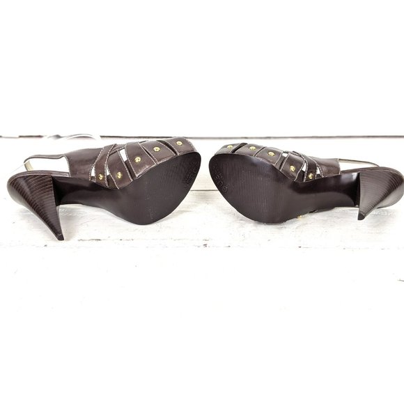 Guess brown leather studded peep toe platform high heel slingback pumps 6.5 M - Picture 8 of 8